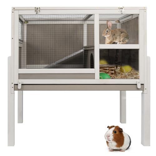 Large Wooden Guinea Pig Cage with 4 Detachable Stand Legs | Comfortable Large Living Cage, Easy Clean, Easy Assembly, Hideout, Anti-chew Ramp with Steel, Leak-proof Pull Out Tray