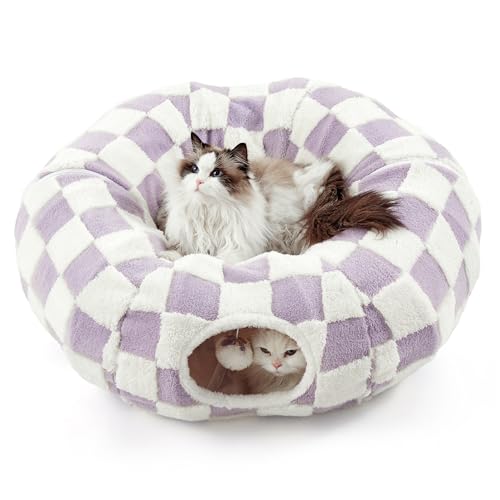 Lesure Donut Cute Jacquard Cat Tunnel Bed Kitten Toys for Puppy Bunny | 33.5x33.5x10in,Round Cat Bed Tube for Indoor Cats Rabbit Dog,Pet Peekaboo Cave Toy,Spiral Hideaway,Washable Cushion,Lavender - color: Lavender Checks, size: Standard (33.5"L x 33.5"W