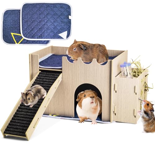 kathson Wood Guinea Pig Hideout Small Rabbit Hideout with Water and Hay Feeder Ramp, Easy to Assemble Wooden Hamster House for Small Animal Bunny Chinchilla Rat Hedgehog with 2xGuinea Pig Cage Liners