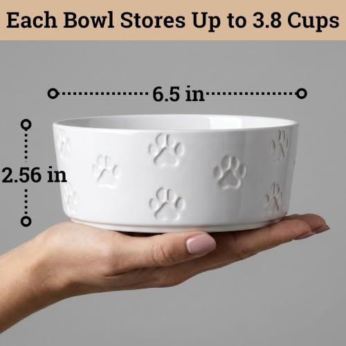 Ceramic Dog Bowl Set of 2 w/ Anti-Skid Base 6.5"W x 2.5"H, 3.8 Cup Capacity | Thick Ceramic, Dishwasher Safe, Anti-Skid Rubber Base, 3.8 Cups per Bowl, Ceramic Food & Water Bowls Set of 2 for Medium Dogs - color: White, size: Medium