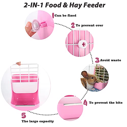 HERCOCCI Rabbit Hay Food Bin Feeder and Bunny Water Bottle Set, Hay Food Feeder Bowls Manger Rack with 500ml Hanging Water Dispenser Prevent Knock Over for Rabbit Guinea Pig Chinchilla (Large, Pink) - color: PINK