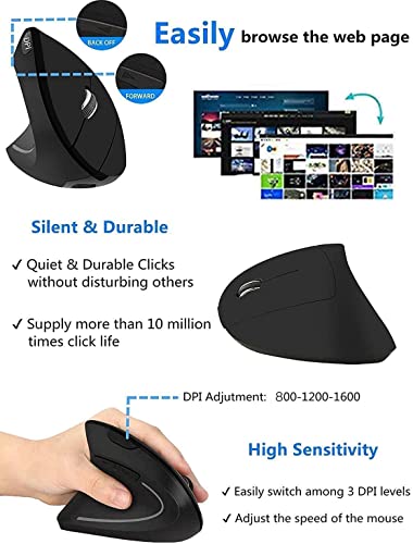 Ergonomic Left-Handed Wireless Vertical Mouse, 2.4G, 3 Adjustable DPI (800/1200/1600), Specially for Left Handers - color: Black - Left Hand - Battery