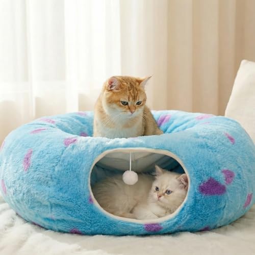 Cat Tunnel Bed for Indoor Cats, Cute Cat Tunnel Toy with Washable Cushion, Fits Cats up to 25 lbs, Peekaboo Cave Pet Bed for Kittens, Rabbits, Blue Purple Donut - color: Blue Purple