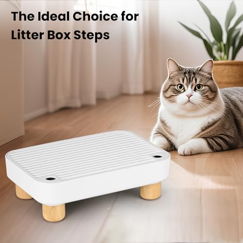 Litter Box Step, Litter Box Ramp/Catcher with Wooden Base, Anti-Tracking & Easy to Clean, Ideal for Small & Elderly Cats (White) - color: White