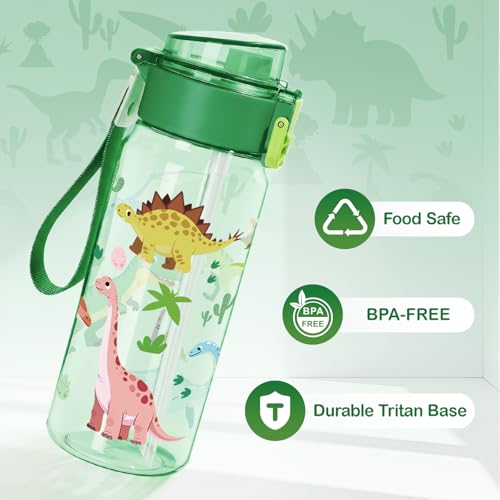 Tritan Kids Water Bottle for School, 18.6 Oz Leakproof Toddler Water Bottle | with a Pop-up Detachbale Straw, 2-in-1, Dishwasher Safe, 1-Pack, Dinosaur - color: Dinosaur
