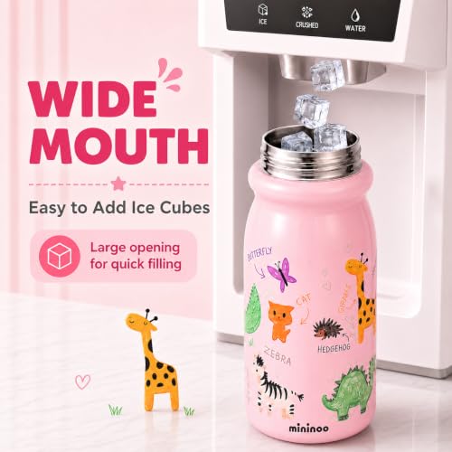 18oz Insulated Stainless Steel Kids Water Bottle for School, Animal | 2-in-1 Straw & Spout Lid, Leak-Proof, BPA-Free, for Girls & Boys, Pink - color: 18oz Light Pink-Animal