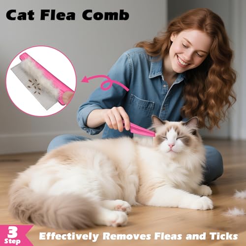 3PCS Cat Grooming Supplies, Cat Brush & Nail Clipper/Trimmer & Flea Comb for Shedding Indoor Cats Essentials Stuff Accessories (Pink) - color: Pink
