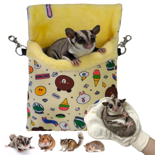 Sugar Gliders Sleeping Pouch Bag Hamster Cotton Hanging Flannel Warm Bed Hideout with Hooks Glove Small Pet Nest Bed for Squirrel Rat Hedgehog,Yellow - color: Yellow