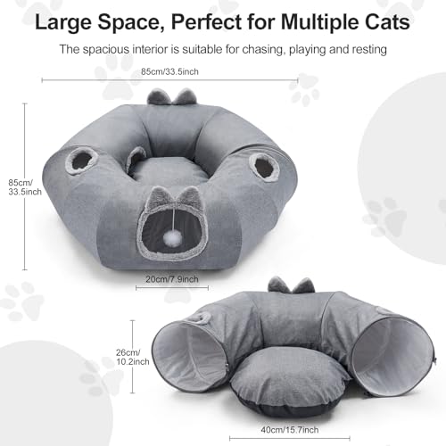 Linen Cat Tunnels with Central Cat Bed, Interactive Cat Toys Detachable Washable Soft Mat Large Indoor Play Tunnel Cave for Kittens and Small Animals - color: Linen Cool Gray