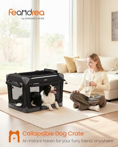 Feandrea Collapsible Dog Crate, Portable Oxford Fabric Pet Travel Crate with 4 Mesh Doors, Handles, Pocket, 30 Inches, for Medium Dogs, Ink Black and Dove Gray UPDC027BH01 - size: L (30"L x 21"W x 21"H)