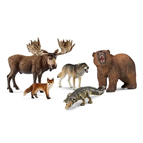 Schleich Wild Life - 5PC North American Animal Figurine Bundle - Realistic Moose, Wolf, Fox, Alligator, and Grizzly Bear Figures - Educational Toys for Kids for Screen-Free Play - 3+ | 77417 | Wild Animal Figurine, Realistic Animal Toys, Safari Toy for Bo