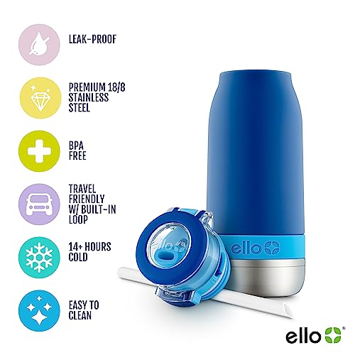 Ello Emma 14oz Vacuum Insulated Stainless Steel Kids Water Bottle with Straw and Built-in Carrying Handle and Leak-Proof Locking Lid for School Backpack, Lunchbox and Outdoor Sports, Touchdown Blue - color: Touchdown Blue