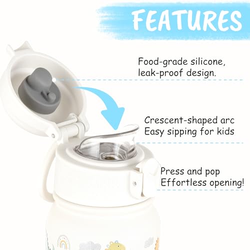 GOPPUS Kids Insulated Water Bottle 12oz, Leakproof Stainless Steel Thermos, BPA Free Double Wall Vacuum Insulated Bottle for School, Travel, Sports & Outdoor Activities, Boys Girls - color: White dinosaur
