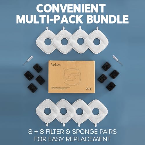 Veken Cat Water Fountain Filters, 8 Pack Replacement Filters | and 8 Pack Replacement Pre-Filter Sponges Set for 50oz, 84oz, 95oz or 108oz Automatic Pet Fountain Dog Water Dispenser