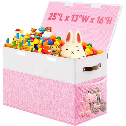 Large Toy Storage Box with Lid & Dividers, Kids Toy Chest, Pink and White | Toy Box for Boys, Girls, Nursery, Bedroom, Living Room, Playroom, 25 x 13 x 16 inches - color: Large Pink and White