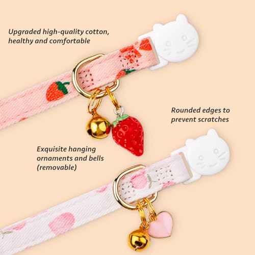 2 Pack Cotton Cat Collar Pink Strawberrie White Heart Cute Kitten Collar | Breakaway Breathable Soft material With cute pendants with Bell - color: Pink&White