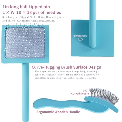 Blue Slicker Brush Long Haired Dog Wooden Handle Coated Pins | Gently Grooming Slicker Brush, Ergonomic Wooden Handle, Long-Haired Dogs, Long Pins for Grooming Goldendoodles Poodles - color: Blue