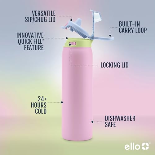 Ello Pop & Fill Insulated Stainless Steel Water Bottle with Quick Fill Lid, Leakproof Locking, Sip or Chug Spout, BPA-Free, Double Wall Vacuum Insulated for Sports, Travel & School- 22oz / 32oz / 40oz - color: Rosy Skyline, style: 22oz
