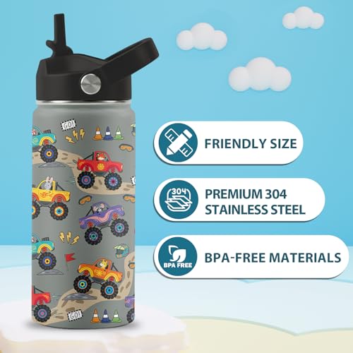 16 oz Water Bottle with Straw Lid, 2 Pack Set, Truck Dinosaur Gifts for Boys Girls, Stainless Steel Insulated Water Bottles for School Travel Outdoor Sports, Truck Dinosaur Cup Birthday Gifts - color: Trucks and Dinosaurs