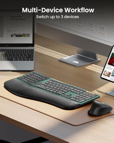 ProtoArc EKM01 Plus Wireless Ergonomic Keyboard Mouse Combo - Green | Full-size Split Keyboard with Cushioned Wrist Rest, Ergonomic Mouse, 3-Device Bluetooth/2.4G, USB-C Rechargeable - color: Green