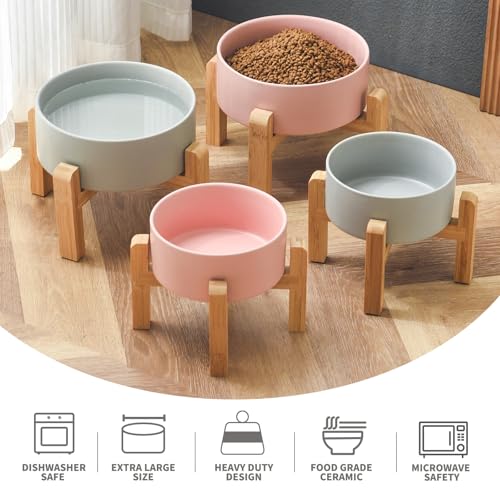 6'' Ceramic Raised Dog Bowl - 30Oz Dog Food & Water Bowl with Elevated Non-Slip Bamboo Stand, Dishwasher & Microwave Safe, Anti Vomiting Heavy Duty Pet Bowl for Small and Medium Dogs, Grey - color: 1 x Bowl + Stand - Grey, size: 6 inch