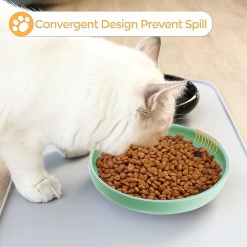 Ceramic Cat Bowls,Shallow Cat Dishes for Food and Water, 6 inch Matte Finish Wide Cat Food Bowl,Whisker Fatigue Free Pet Puppy Kitten Bowl Set of 3,Dishwasher Safe - color: Mint green