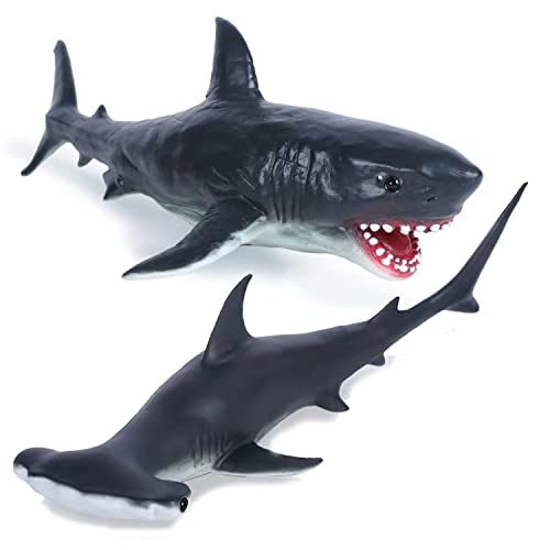 Gemini&Genius Great White Shark Hammerhead Shark Toy Set Sea Animal Figures | 10 Inches Length Ocean Models for Kids Educational, Role Play, Swim, Bath and Collectors - color: White