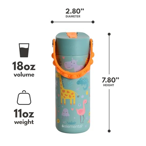 Elemental 100% Leak Proof When Spout is Closed Insulated Kids Water Bottle, Stainless Steel Bottle for School with Straw Lid & Pop-It Handle, Safari & Sage -18oz (2 Pack) - color: Safari and Sage
