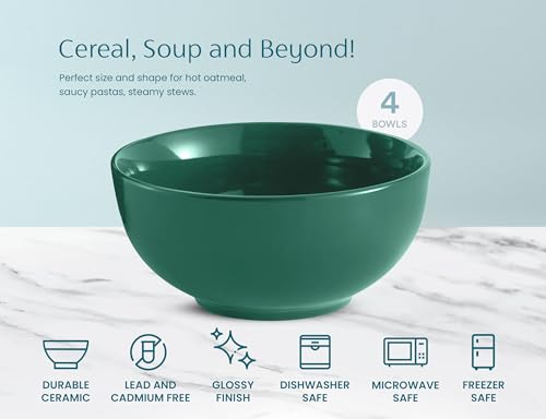 KooK Soup Bowls, Cereal Bowl, Ceramic, Bowls for Kitchen, Microwave, Dishwasher and Freezer Safe, Porcelain Dishes for Pasta, Salad, Oatmeal, Deep Interior, 20 oz, Set of 6, (Hunter Green) - color: Hunter Green, 6 Pack