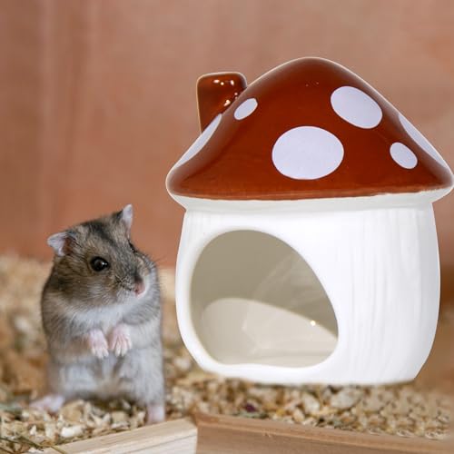 Ceramic Mushroom Hamster Hideout - Hamster Habitat for Hamsters Chinchillas Hedgehogs and Gerbils Mouse Small Pet Guinea Pigs House Hamster Bed (Brown) - color: Brown
