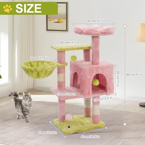 Cat Tree Tower with Hammock,40" Cat Trees for Indoor Cats Large Adult(Pink) | Modern Cat Tree Tower with Scratching Post, Cats Condo Furniture with Cloud Top Perch, Cats Climbing Tower for Kittens - color: Pink