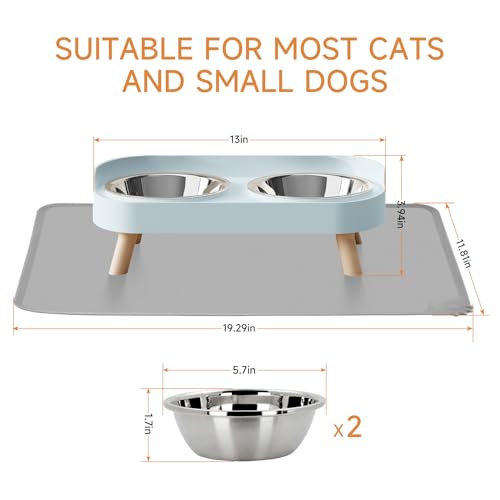 Elevated Cat Bowl with Food Mat, Raised Cat Food and Water Bowl Set for Indoor Cats, Splash Proof with 2 Stainless Steel Pet Food Bowls for Cats and Puppies,Whisker Fatigue and Dishwasher Safe (Blue) - color: Cat Bowls with mat - blue