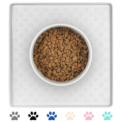 Ptlom Pet Placemat for Dog and Cat, Waterproof Silicone Pet Feeding Bowl Mats for Food and Water, Small Medium Large Dogs Mat Prevent Residues from Spilling to Floor, White, 11.8"x11.8" - color: White, size: 11.8"L x 11.8"W