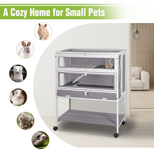 GUTINNEEN Guinea Pig Cage for Small Animals, Hamster Cage with Metal Iron Frame & Chew-Proof Aluminum Edges, 2-Story Small Animal Cage with Leak-Proof Tray, Hideout, and Storage Shelf, White