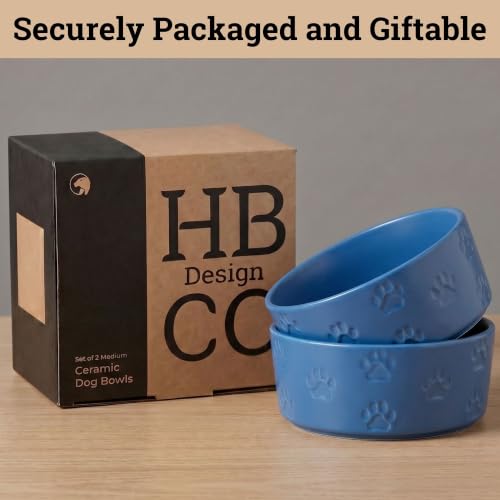 Ceramic Dog Bowl Set of 2 w/ Anti-Skid Base 6.5"W x 2.5"H, 3.8 Cup Capacity | Thick Ceramic, Dishwasher Safe, Anti-Skid Rubber Base, 3.8 Cups per Bowl, Ceramic Food & Water Bowls Set of 2 for Medium Dogs - color: Blue, size: Medium