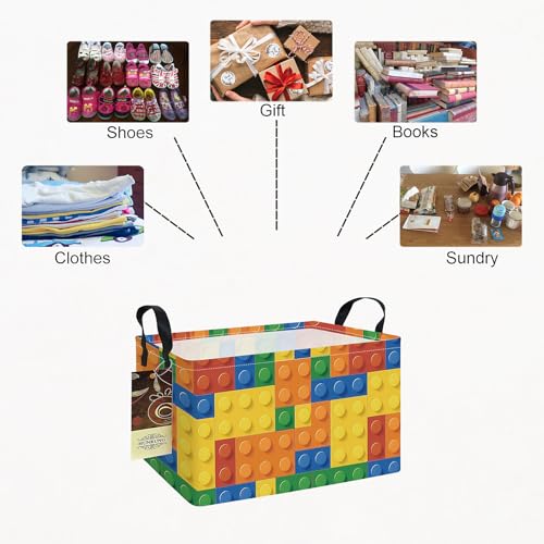 Rectangle Foldable Storage Basket Handles For Home, Colorful Blocks | Waterproof canvas material, reinforced handles, perfect for shelf use, organizes clothes, daily items and pet supplies - color: REC-Colorful Blocks
