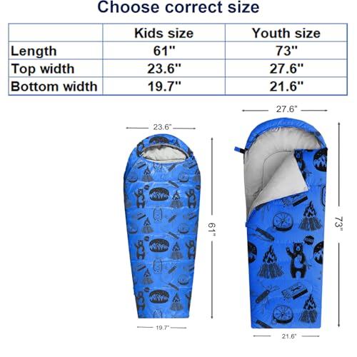 KidzAdventure Mummy Style 32 – 59F Kids Sleeping Bag with Pillow Sleeve, 4 Season, Lightweight and Backpacking Style, Ideal for Camping, Sleepover, Boys, Girls, and Youth - color: Blue youth up to 5'7"