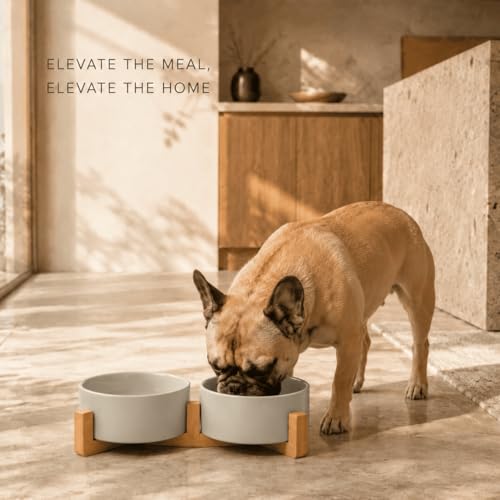 SPUNKYJUNKY Ceramic Dog and Cat Bowl with Wood Stand Non-Slip Matte Glaze Weighted Food Water Set for Cat Medium Dog 28.7 OZ - color: Grey × 2, size: 3.6 cups