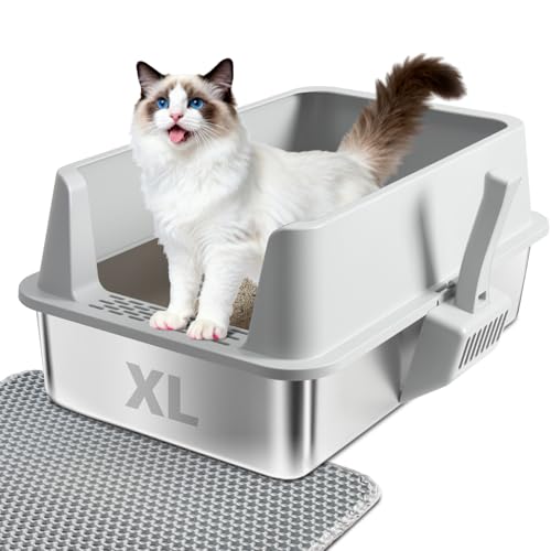 Stainless Steel Litter Box XL-Metal Cat Litter Box for Big Cat | Large Metal Litterbox with High Side，Non-Stick, Odor-Resist, Anti-Urine Leakage, Easy-Clean, Includes Mat & Scoop - color: XL-lid box