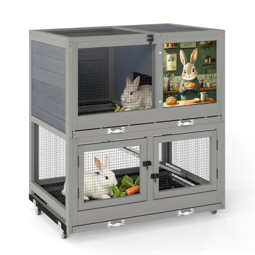 COZIWOW 2-Tier Bunny Hutch, Indoor Rabbit Cage with Wheels & Pull Out Tray | Easy Clean Pull Out Tray & Anti-Chew Ramp Included. Air Vent For Proper Ventilation. Rolling Casters For Mobility.