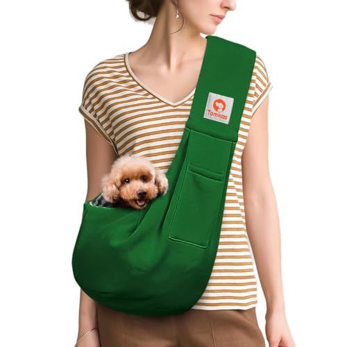 Tomkas Small Dog Cat Sling Carrier Puppy Purse Travel Wrap Soft Crossbody Pet Bag (Emerald Green, M - Classic Pocket & Classic Strap) - color: Emerald Green