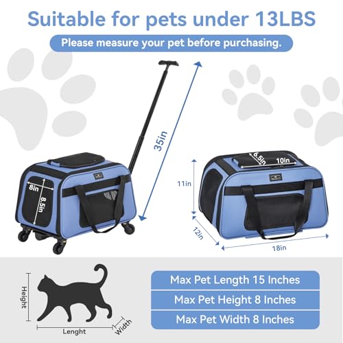 Petsfit Cat Carrier with Wheels, Removable Spinner Wheels, Up to 13 lb | Fits pets up to 15 L x 8 H in and 13 lb; removable spinner wheels, anti-sag frame, 4-sided mesh, safety tether and locks. - color: Blue, size: 20.1"L x 12.2"W x 14.2"H