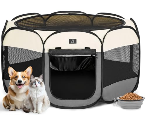 A 4 Pet 40.55-in Dog Playpen, Small Dogs & Puppies, Grey+Beige | Includes bowl, waterproof floor, pop-up design, home/travel/outdoor use - color: Grey+Beige, size: M(40.55"x40.55"x20.5")