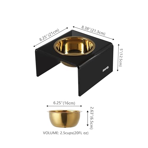 DBL2002B Keaton 5" Small/Medium Modern Acrylic Rectangular Elevated Pet Feeder with 20oz 1-Stainless Steel Bowl, Black/Gold - color: Black/Gold, size: 20 Ounces (5" Cups 1-Pack)