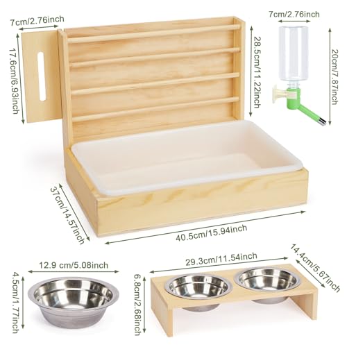 4 in 1 Rabbit Hay Feeder with Litter Box, Small Animals Hay Rack with Water Bottle, and 2 Bowls, Wooden Bunny Hay Holder Feeder Toilet Combo for Rabbit, Guinea Pig, Hamster, Hedgehog, Chinchillas