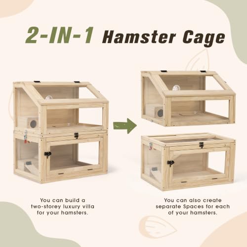 COZIWOW Hamster Cage, 2-in-1 Detachable 2-Tier Stackable Chewproof Wooden Small Animal Habitat with Ramps & Hideouts, 270° Panoramic Acrylic View Openable Wire Top, Large Rat House for Syrian - color: Wood