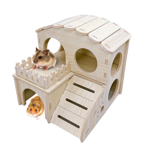 Hamster Wood House Wooden Hamster Hideout Maze Double-Decker Huts with Climbing Ladder for Syrian Dwarf Gerbil Mouse
