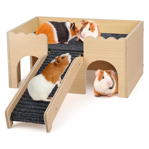 Wooden Guinea Pig Hideout Castle with Stairs,Small Animal Bed Hut Habitats Spacious 2-Level Detachable Small Pet House for Rabbits, Hamsters & Chinchillas Bunny (Grey) - color: Grey