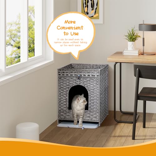 Snughome Cat Litter Box Enclosure Furniture Hidden with Cat Litter Mat, Hidden Cat Washroom Furniture with Door, Handwoven Rattan Cat Washroom Box, Indoor Pet House for Living Room, Bedroom(Grey) - color: Grey
