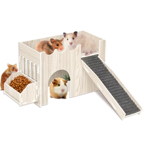 Guinea Pig Hideout House, Wooden Guinea Pig Castle with Feeding Basin, Guinea Pig Toys Accessories for Chinchilla Hamster Hedgehog Bunny